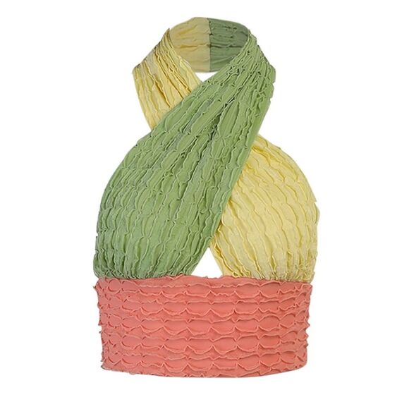 Colorblock Halter Crop Top Medium Green Yellow Coral Textured festival cute - Picture 1 of 3